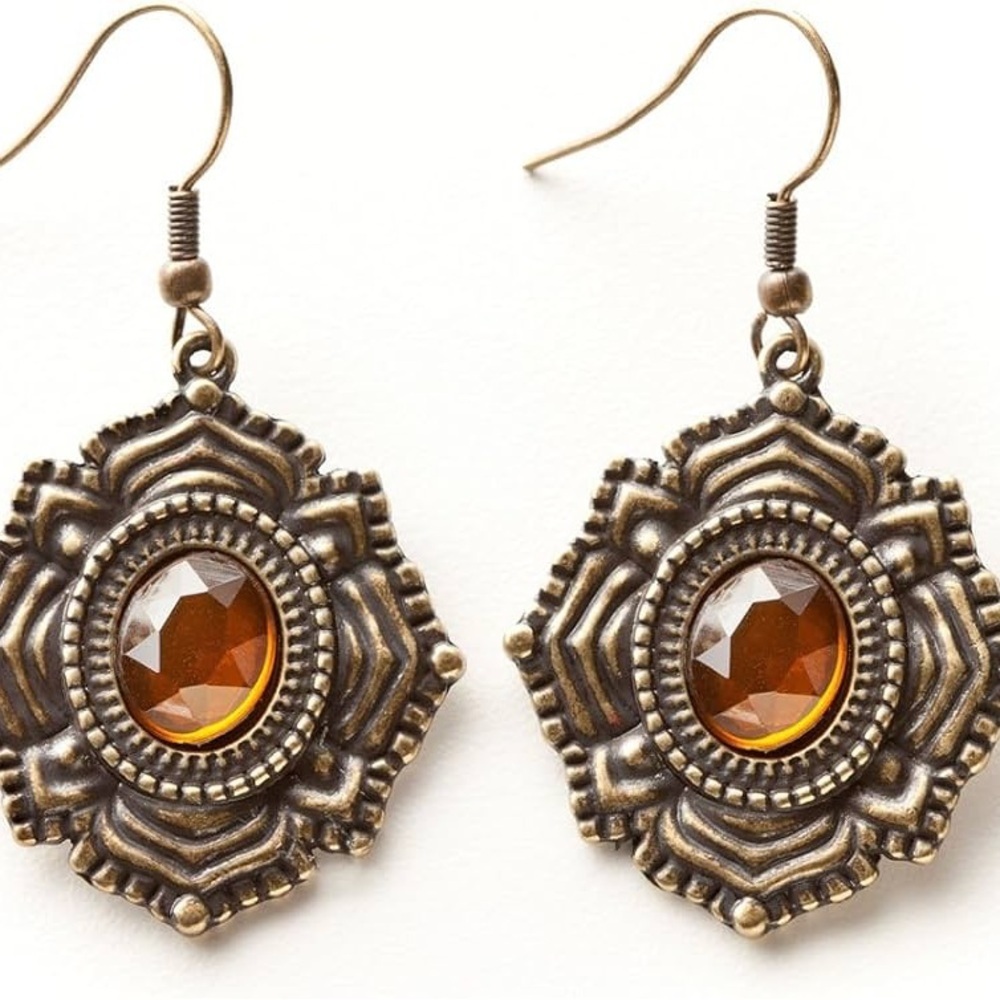 Kelly Rae Roberts Amber Crystal Boho Statement Earrings Bronze Tone Dangle - Picture 7 of 8